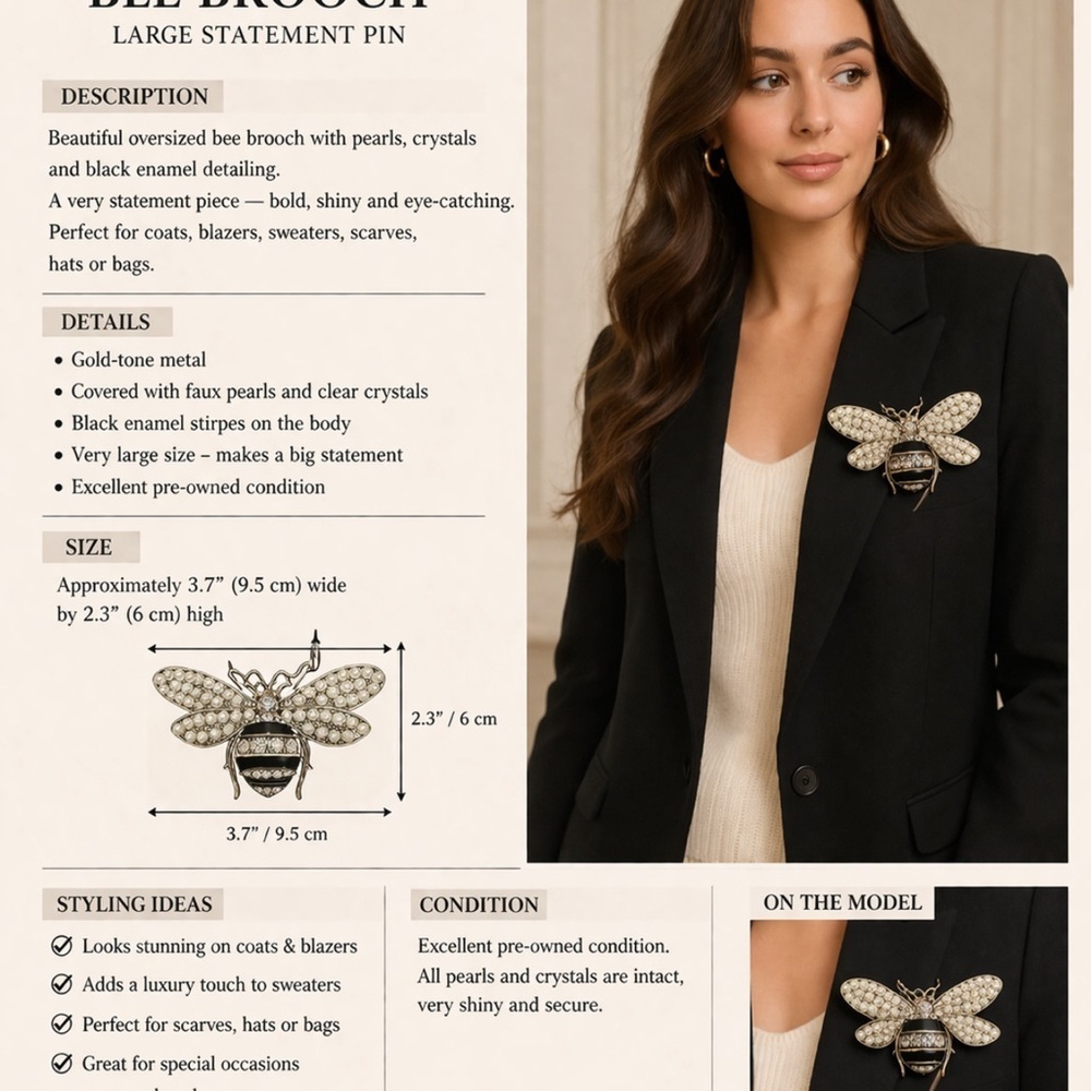 Bee Brooch | Pearl & Crystal Pin | Gold Tone